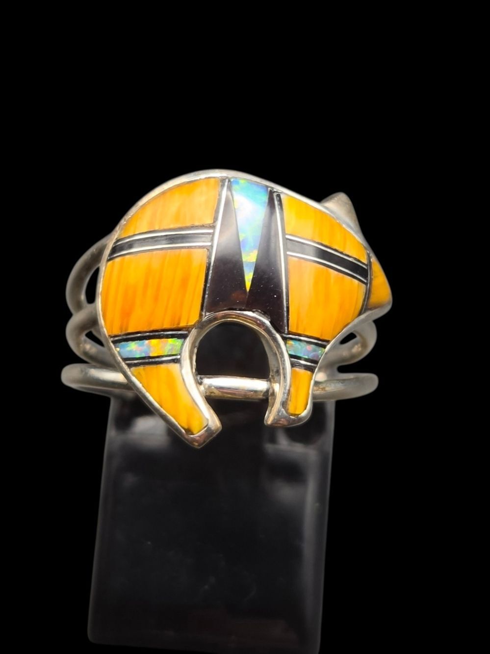 Sterling Silver Orange Spiny Oyster Opal Onyx Bear Inlay Ring Size 7.5